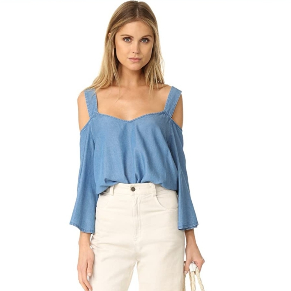 Rebecca Minkoff Cold Shoulder Chambray Denim Tassel Women's Top, Small